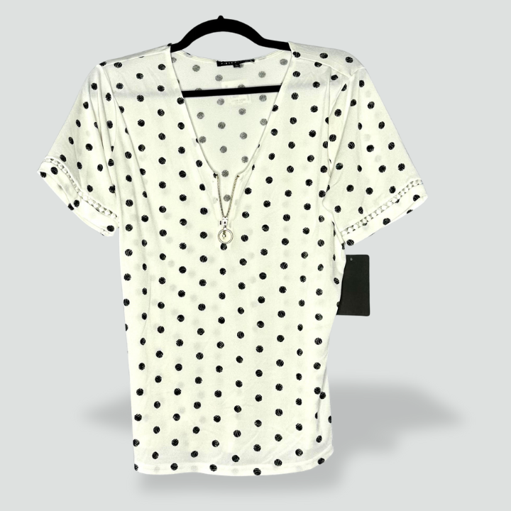 White Black Polka Dots V-neck NWT